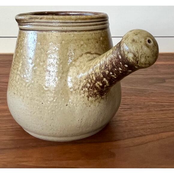 Vintage Rustic Side Handle Pitcher with Spout Brown Glaze Unidentified Signature - Picture 1 of 10